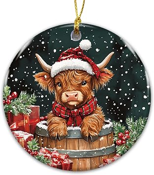 Highland Cow Christmas Ornament 2025 Cute Farm Animal Ceramic Ornament, Rustic Farmhouse Holiday Decor, Scottish Highland Cow Gift for Animal Lovers, Country Christmas Tree Decoration