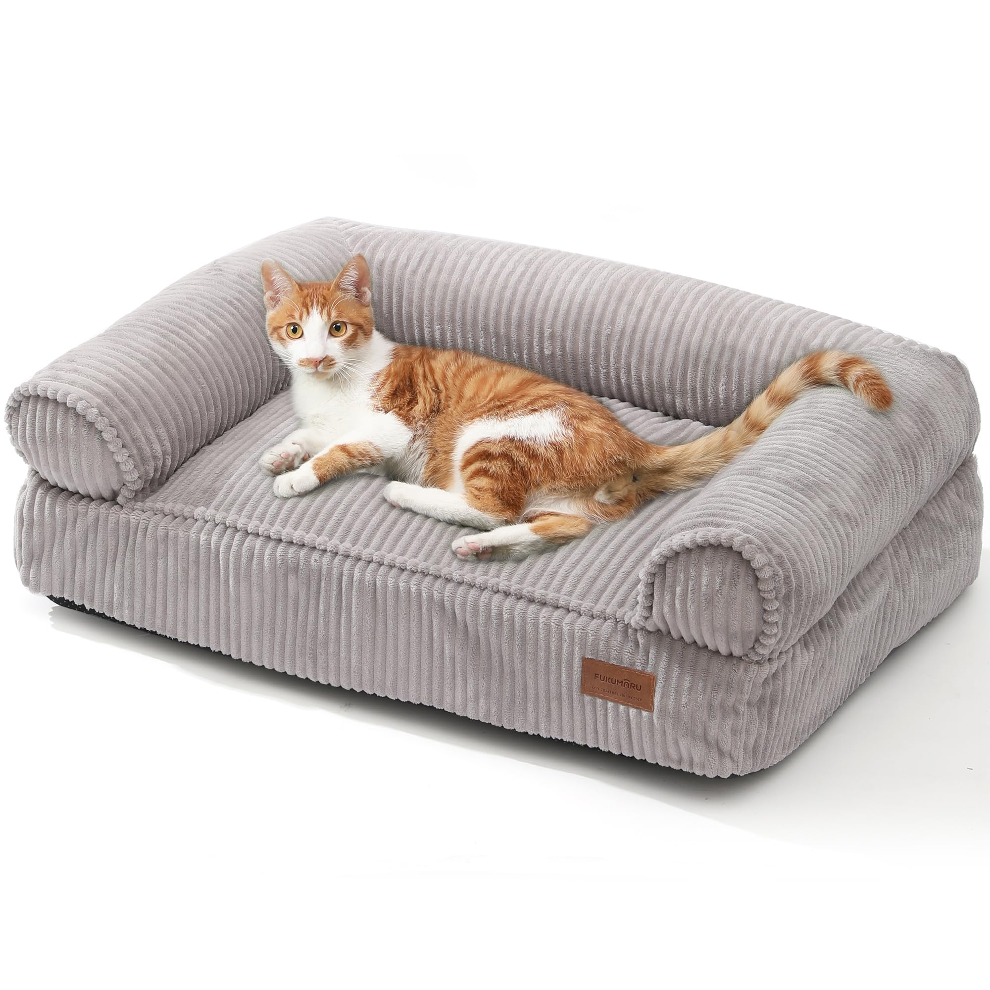 FUKUMARU Cuccia Gatto Interno,Tessuto Sfoderabile e Lavabile in Velluto a Coste, Letto per Gatti Ergonomico con Sostegno Integrato, Divano per Cani di Media Taglia, Base Antiscivolo, 72x52x22 cm