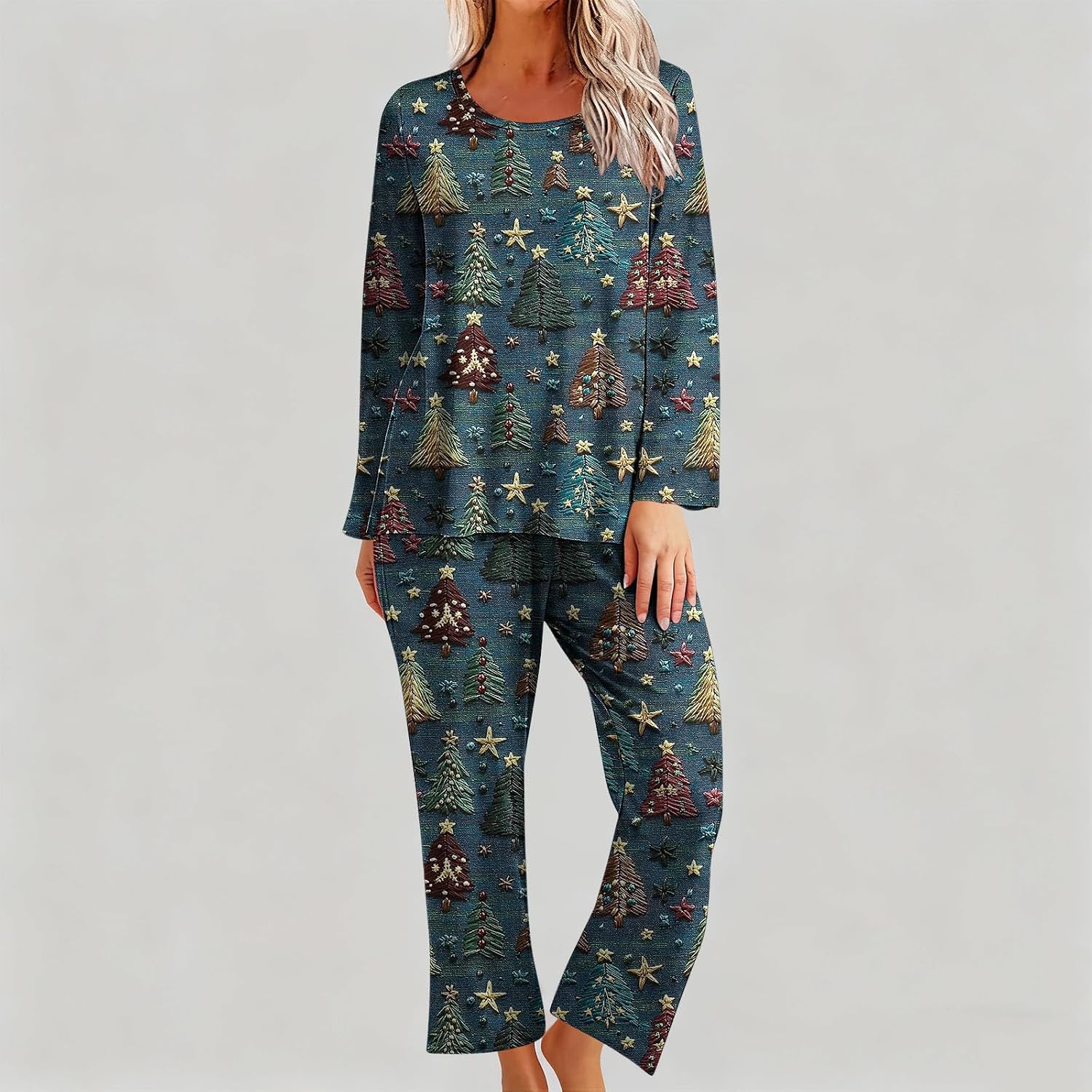 Womens Christmas Pajamas Set Xmas Santa Printed Loungewear Crew Neck Long Sleeve Top and Pants Lounge Sweatsuit Set