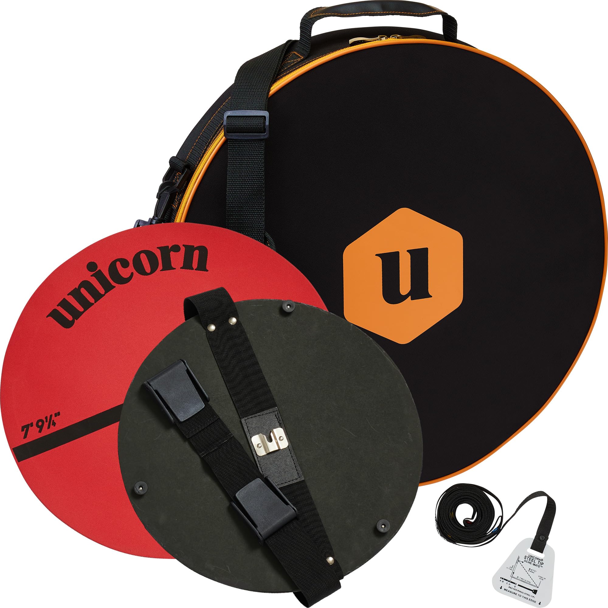 Unicorn Portable Darts On Tour Kit | Dartboard Bag with Adjustable Strap, Door Mounting Kit, Round Oche Mat & Ochemate Measure | Water Repellant Polyester | Black | Board not Included