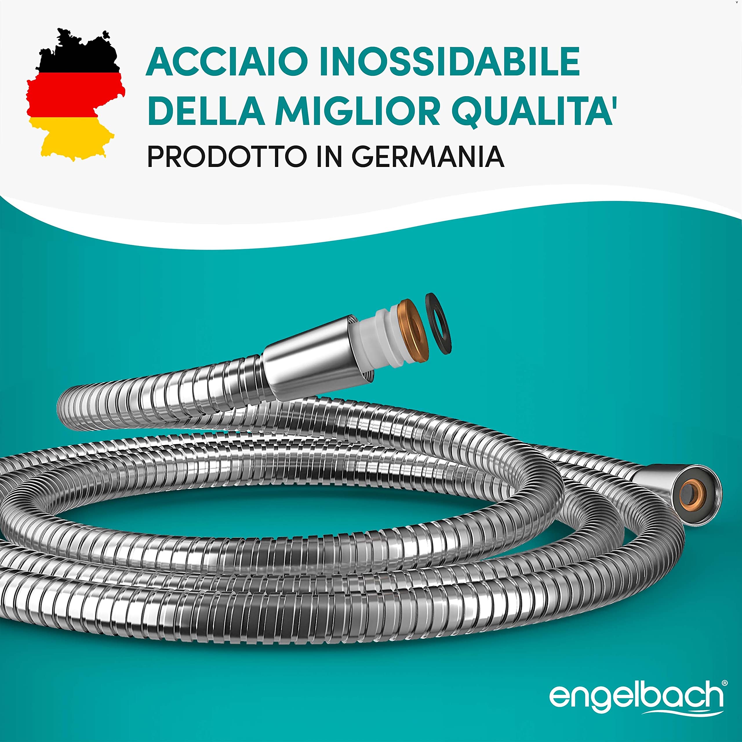 Engelbach® Tubo Doccia Flessibile 1,6m – Doppia Protezione Antitorsione – Acciaio Inox, Attacco Universale ½" – Flessibile, Resistente, Made in Germany