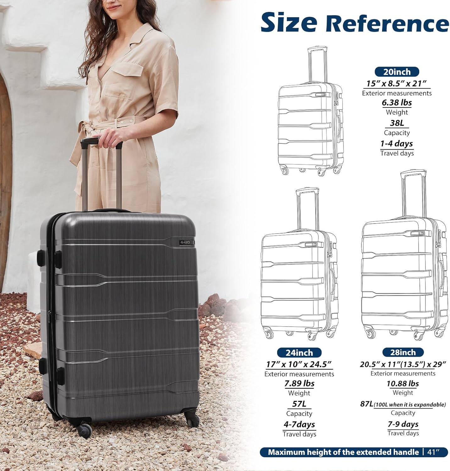 Coolife Luggage Set 3 Piece Hardside PC+ABS Suitcase with TSA Lock, Expandable Large Checked Luggage, Lightweight Rolling Carry On with Spinner Wheels(20/24/28 Inch, Charcoal) - Image 8