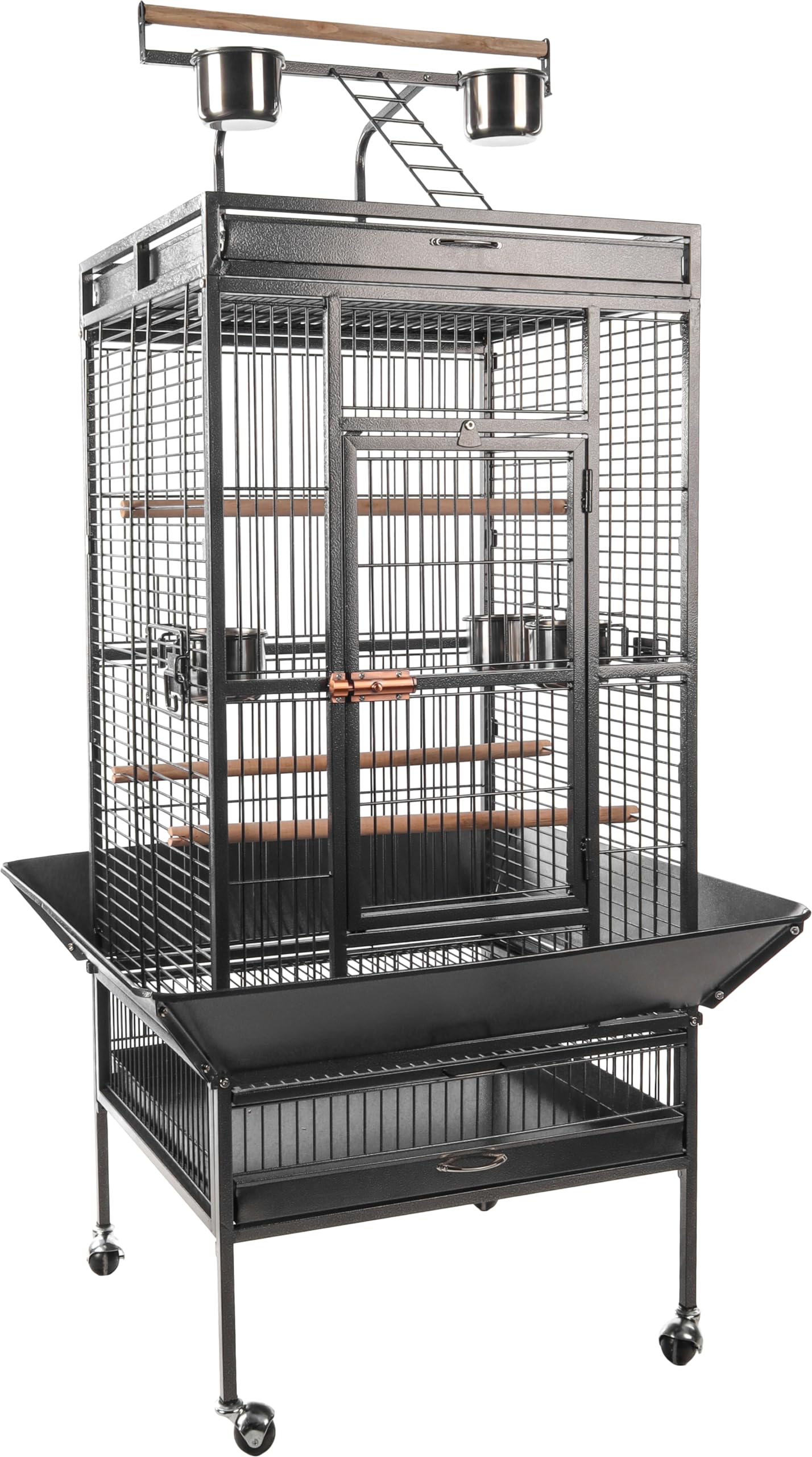 Flamingo Gabbia per uccelli - Voliera - Paolo Antracite – 82×77,5×165 cm – 4 posatoi in legno, 5 mangiatoie, chiusura di sicurezza, ampia porta frontale, tetto con scala e posatoio