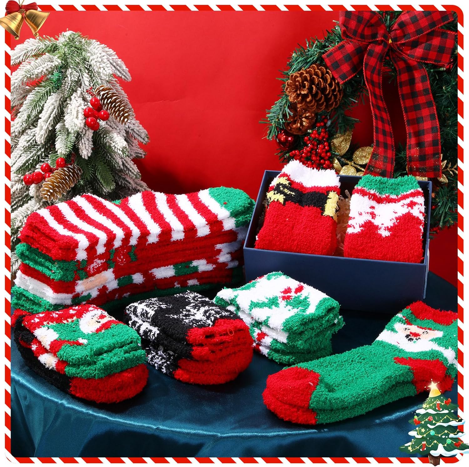 Suhine 32 Pairs Christmas Fuzzy Socks Bulk for Women 15 Style Adult Christmas Holiday Socks Winter Family Friends Warm Gifts