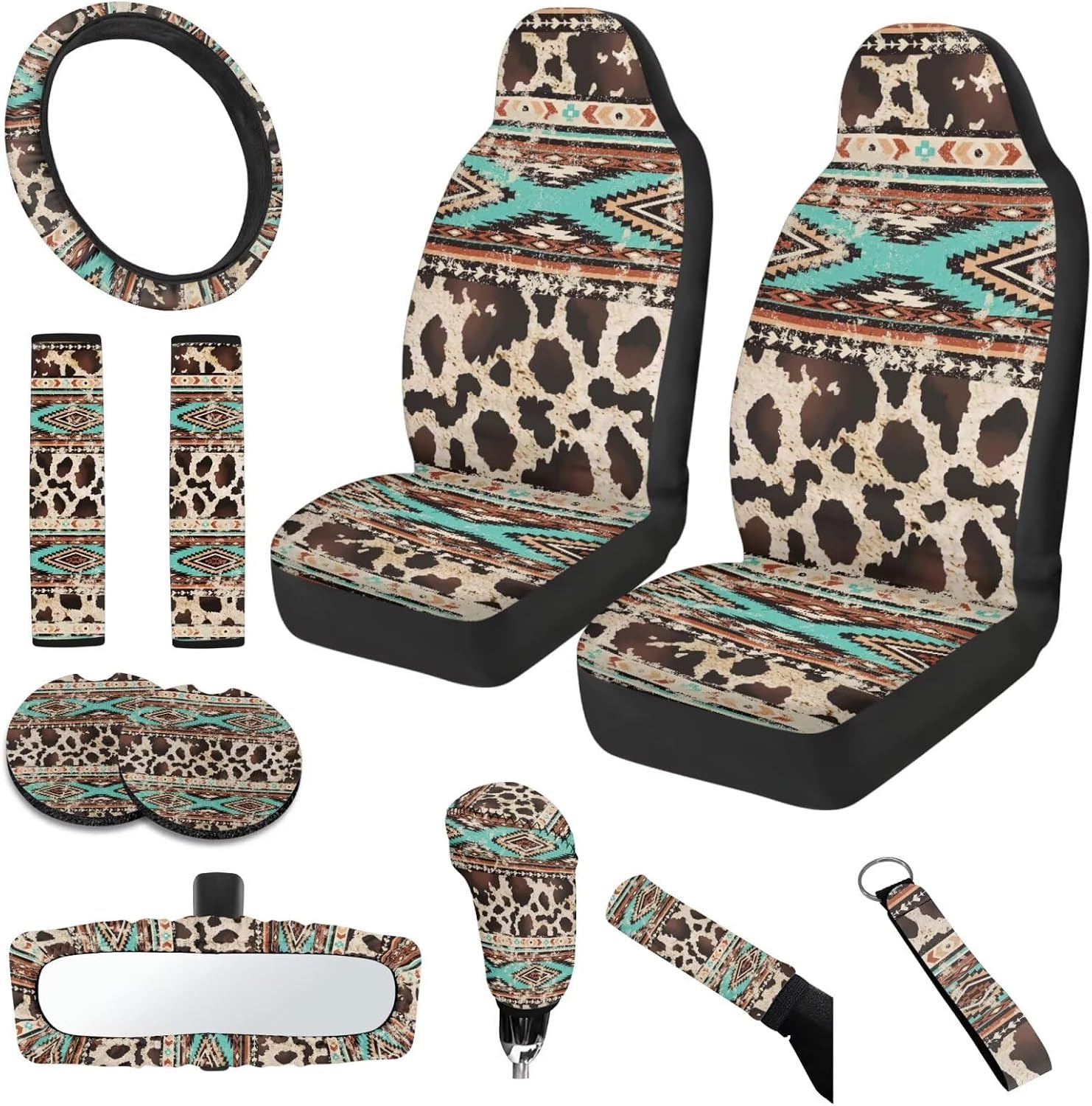 Aztec Cow Print 11 pcs Car Accessories Set Car Front Seat Cover Steering Wheel Cover Car Cup Holder Armrest Pad Cover Seat Belt Pads Key Chain Rearview Mirror Cover for SUV Truck