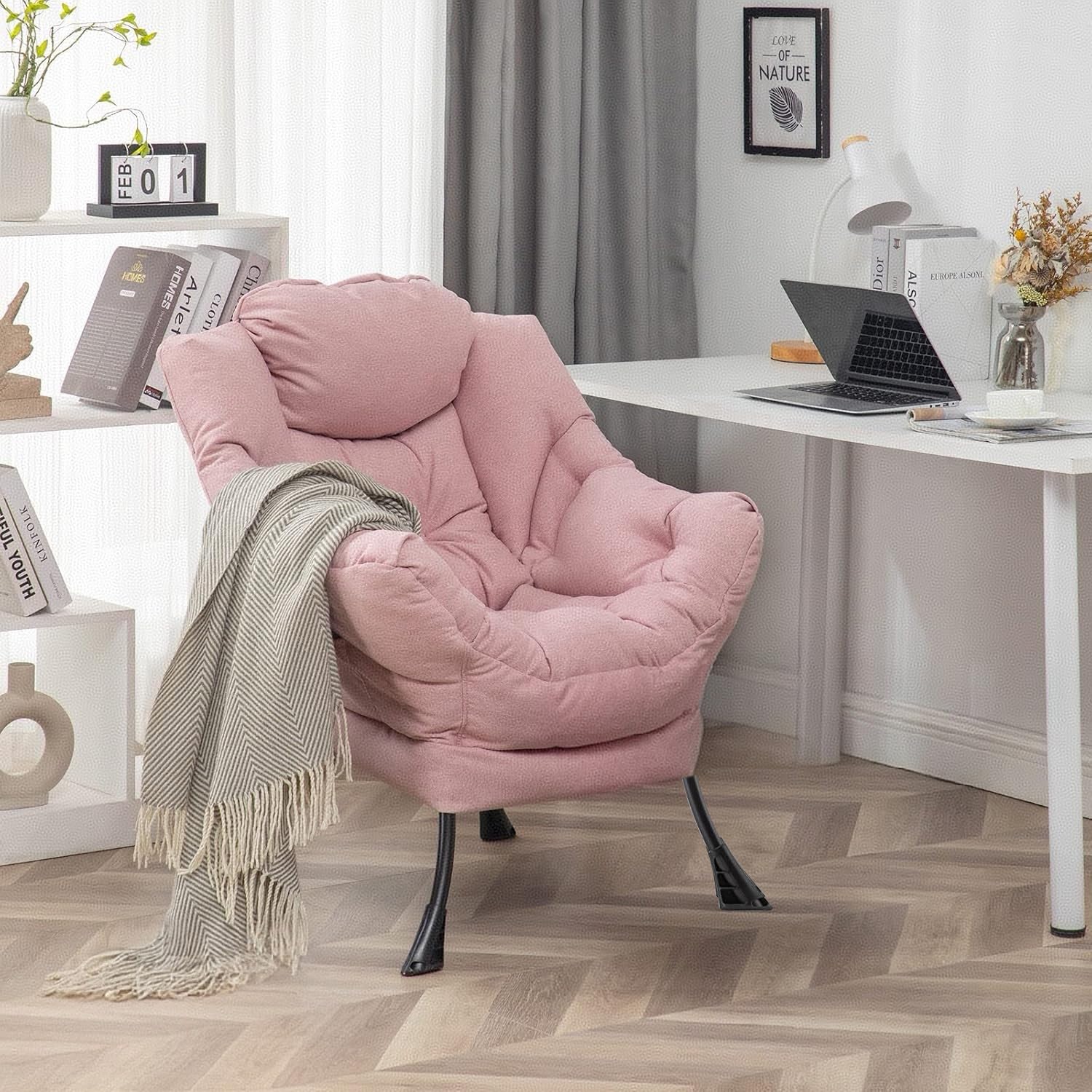 Fauteuil Salon, Fauteuil Relax avec Oreiller et Poche Latérale, Chaise Chambre Confortable pour Lecture, Cadre en Métal pour Charger de 150 kg, 80x65x95 cm, Rose-A