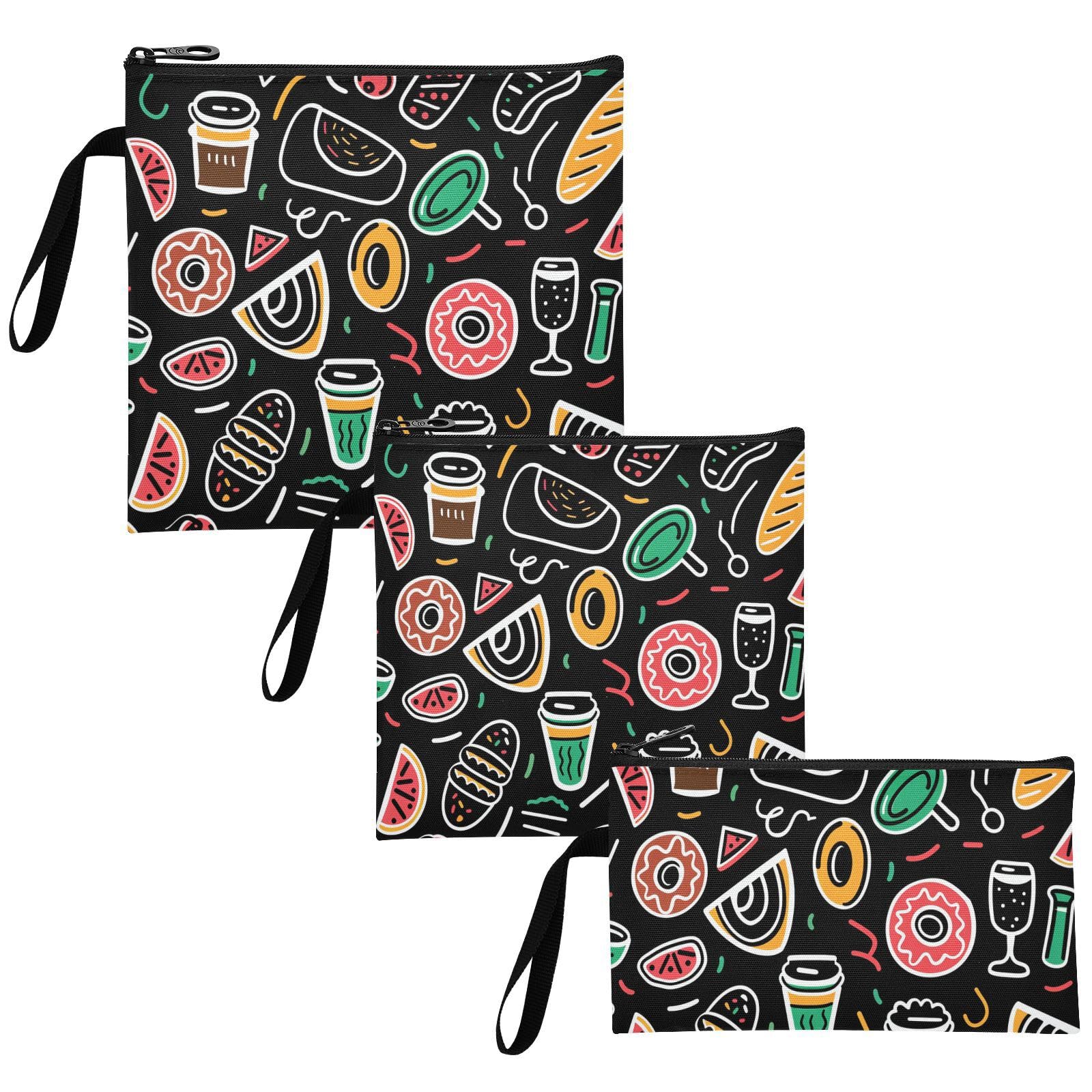 Cartoon Ice Cream Dessert 3-Pack Reusable Sandwich Bags Multi-Use Food-Safe Storage Zipper Bag for Travel Items, Home Organization