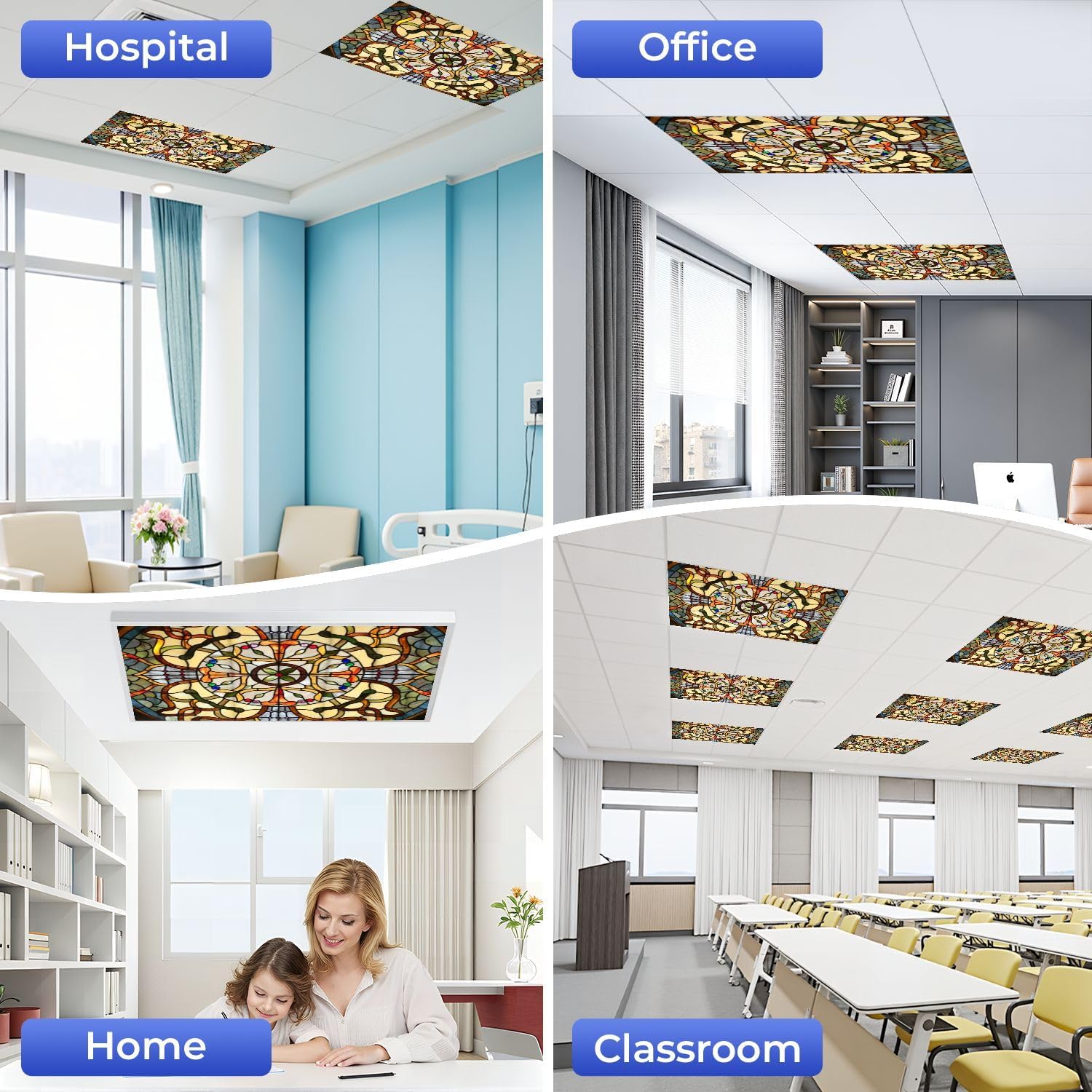 4 Pcs Fluorescent Light Covers for Ceiling Lights Vitro Stained Glass Decorative Magnetic Classroom Light Filters 4x2 ft for Office Hospitals Home