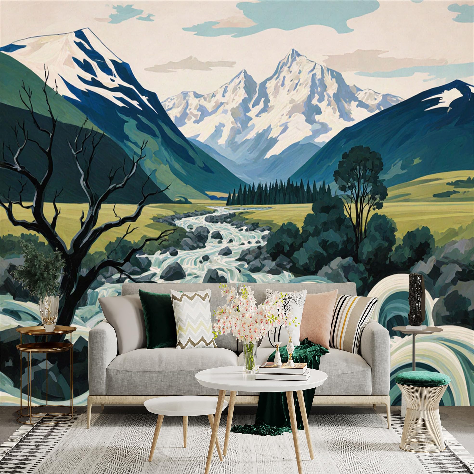 Lnzczhyre Xc260505930 Custom Size Wall Sticker Mural， Snowy Mountain Peaks， Rushing River Stream， Artistic Nature Landscape， For Wall Decoration， Peelandstick Wall Decals.