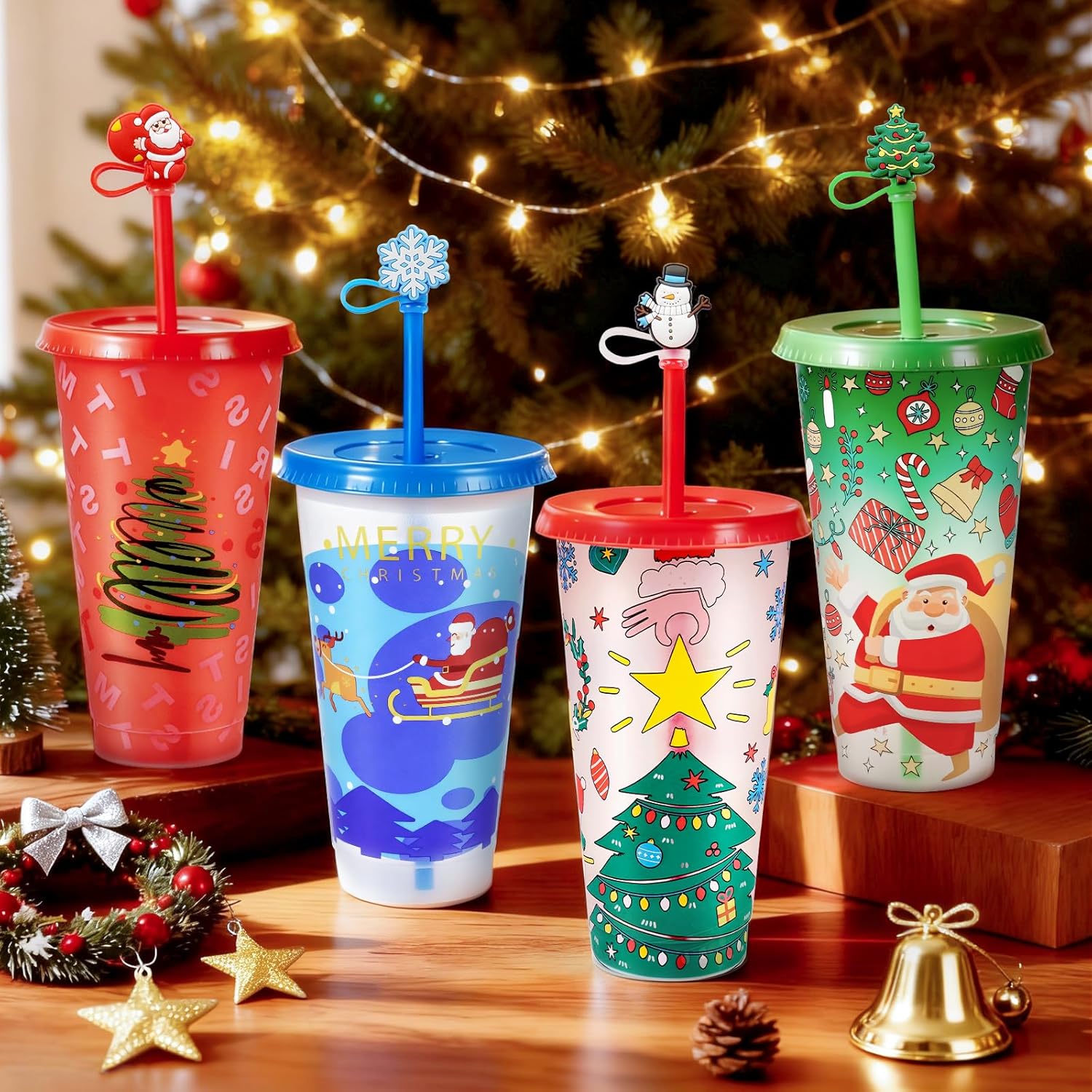 Christmas Color Changing Cups with Lids, Straws & Cute Straw Caps, 24oz PP Reusable Tumblers for Cold Drinks, 4 Pack Holid Christmas New Year Gift for Kids, Teens & Adults - Image 2