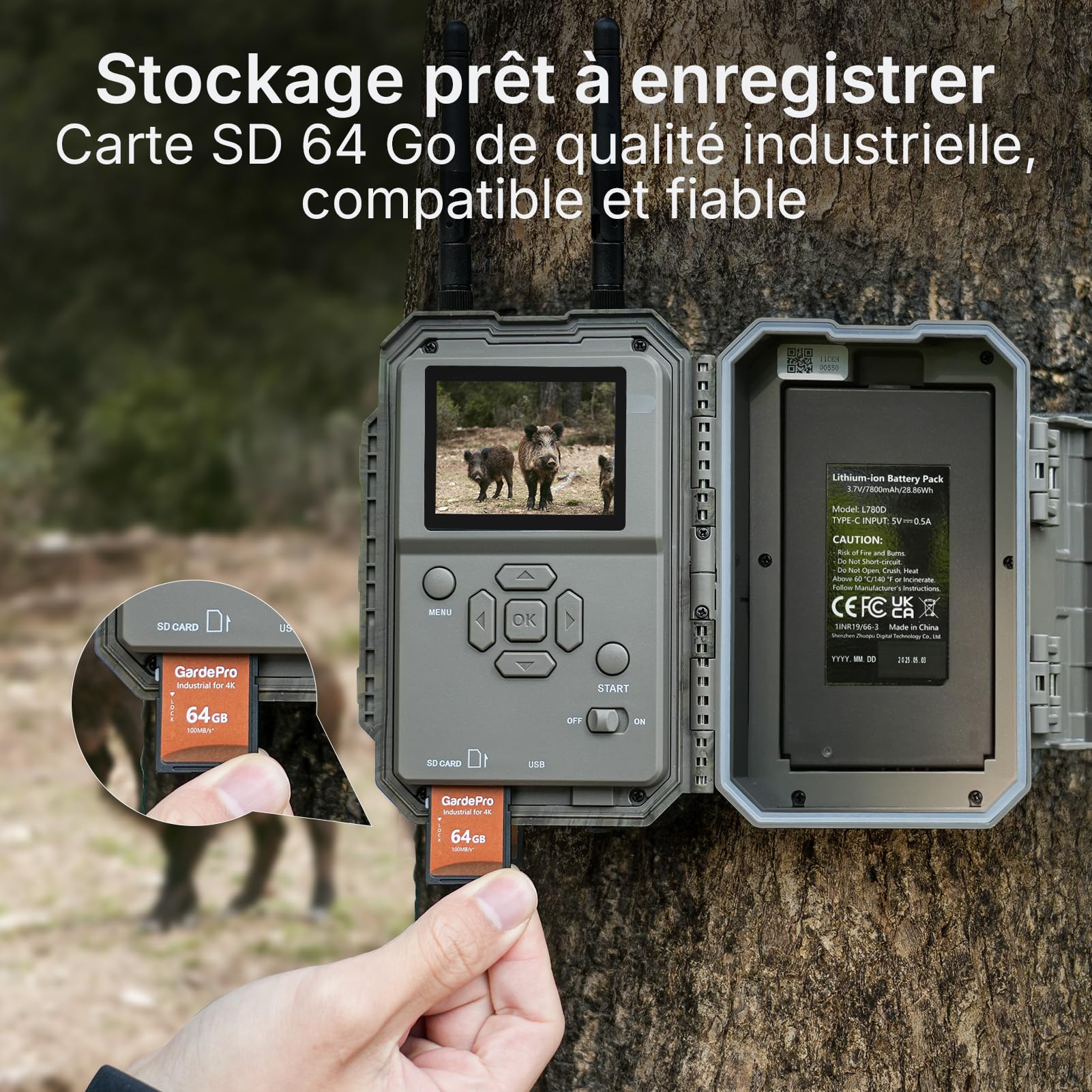 GardePro E6 2.0 Pro 4K Camera de Chasse WiFi, Batterie de 7800 mAh et Carte SD de 64 Go, Portée WiFi de 50 mètres, 64MP Caméra de Chasse Connectée Telephone, Camera Vision Nocturne Animaux Exterieur