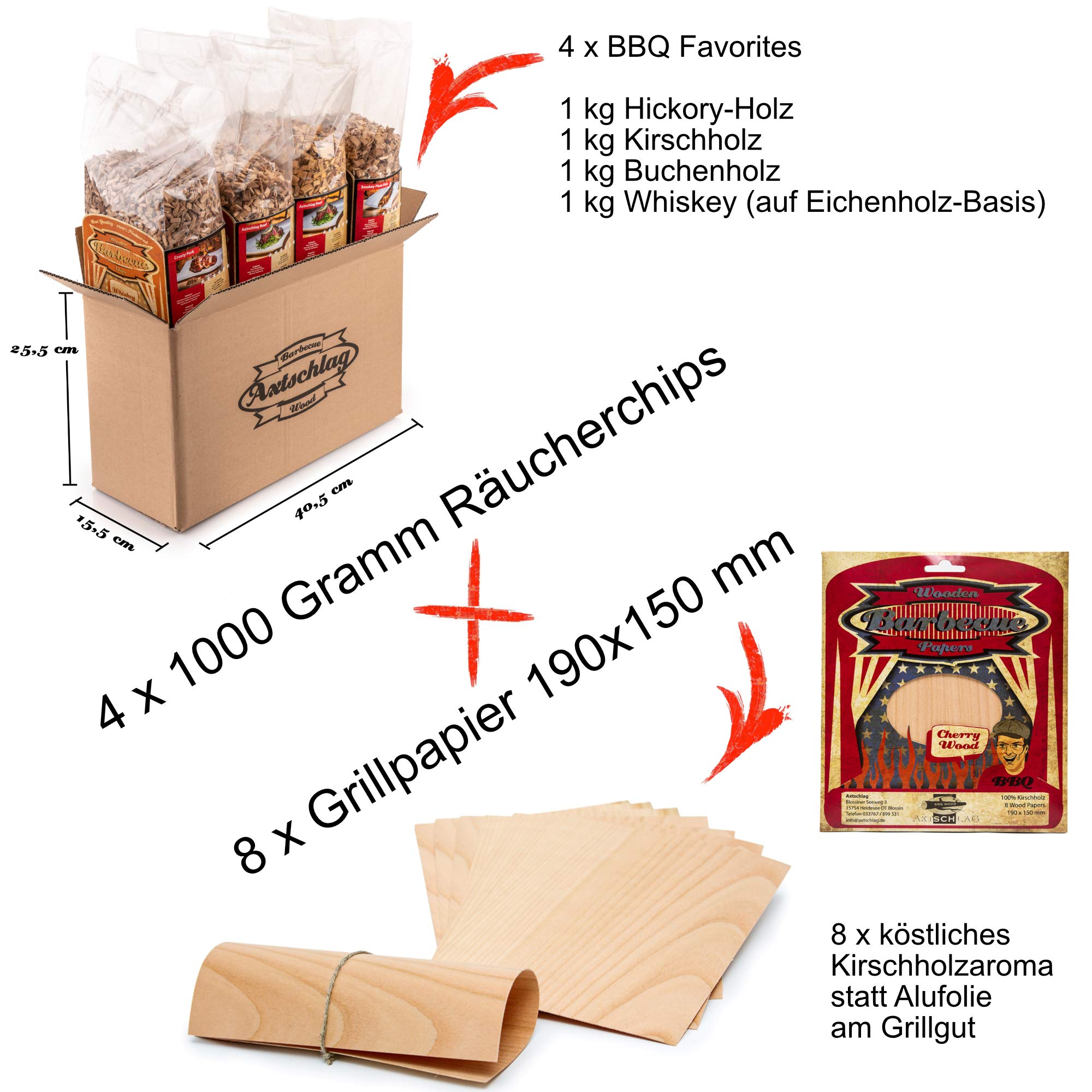 Axtschlag 4+1 Set Räucherchips BBQ Favorites + GRATIS 8X Grillpapier, für Gasgrill, Elektrogrill und Kohlegrill, 4kg Hickory, Kirsche, Buche und Whisky