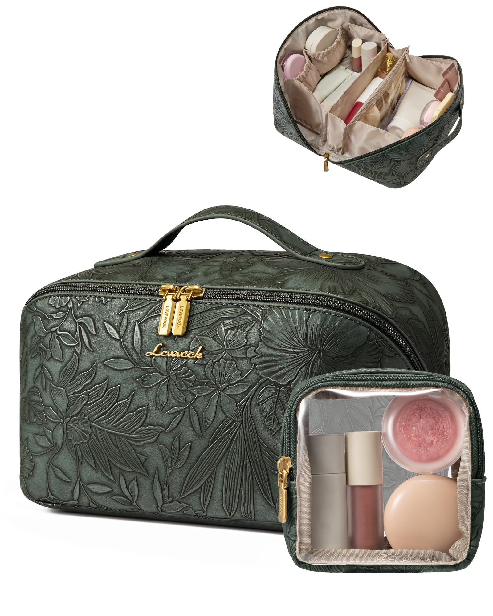 LOVEVOOK Travel Makeup Bag for Women, 2Pcs Large Capacity Cosmetic Organizer Bag, Waterproof PU Leather, Flat Open Portable Small Toiletry Pouch for Skincare, Brushes (Embossed Green, Medium)