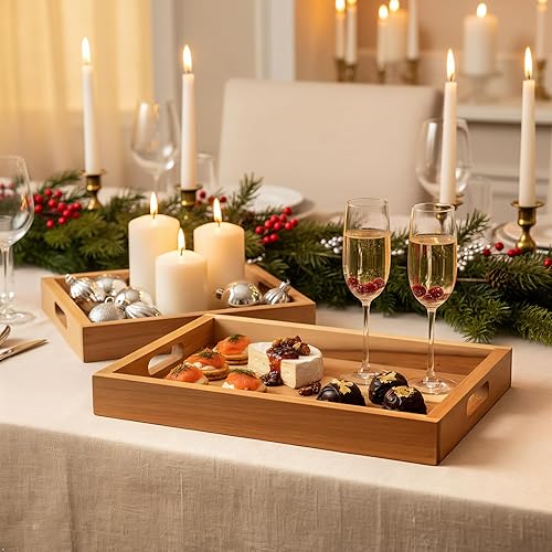 Miniatura 4 de Bandeja rectangular de madera de acacia natural con asas, juego de 2 (15 x 11 pulgadas y 13 x 10 pulgadas), bandeja grande para otomana, desayuno en