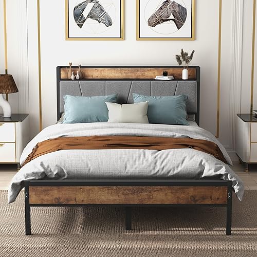 Base de cama de tamaño matrimonial con cabecera y estación de carga, cabecera tapizada completa con estante de almacenamiento, marco de cama de