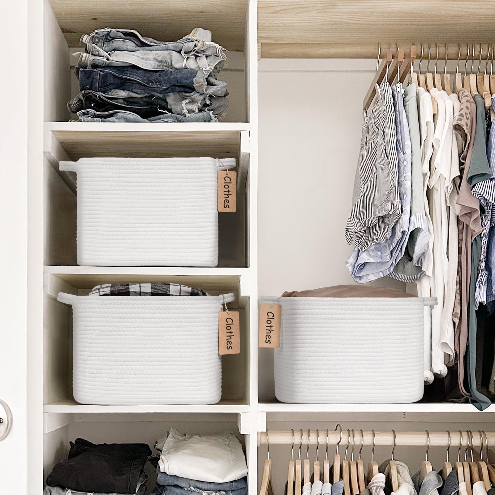 Woven Storage Basket, Cotton Rope Basket for Shelves Closet Organizer Square Shelf Basket for Toys Books, Shoes - Image 4