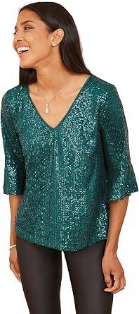YUMI - Fluted Sleeve Sequin Top - Ladies V Neck Sequin Party Blouse