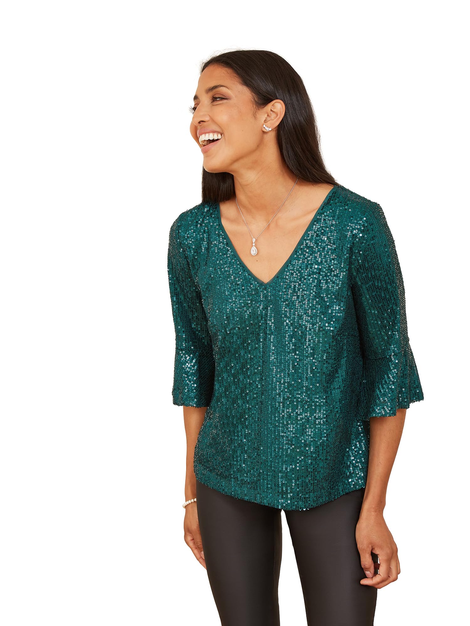 Yumi Green Sequin Top with Fluted Sleeve (UK, Numeric, 16, Regular, Regular, Green)