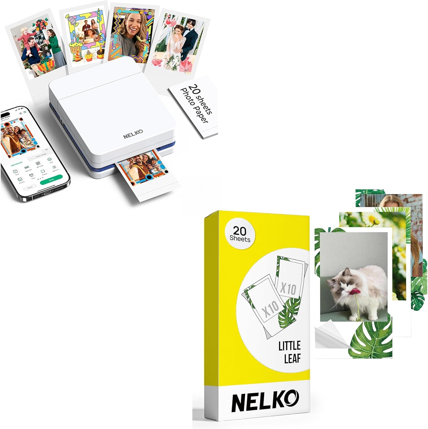 Nelko Photo Printer, PP01 Color Mini Photo Printer, Instant Smartphone Inkjet Sticker Printer for iOS & Android, Sticky-Back Photos, Picture Printer with 20 Sheets Little Leaf Photo Paper, White