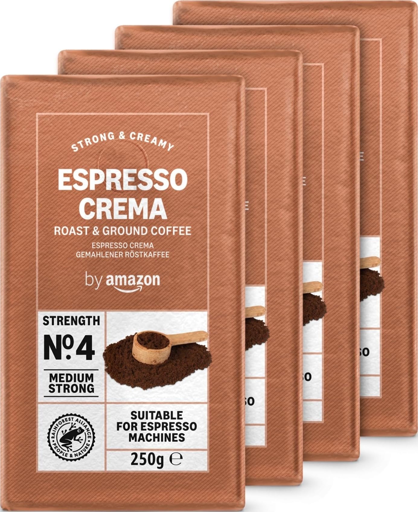 by Amazon Ground Coffee Espresso Crema, Medium Roast, 250 g, Pack of 4 - Rainforest Alliance Certified