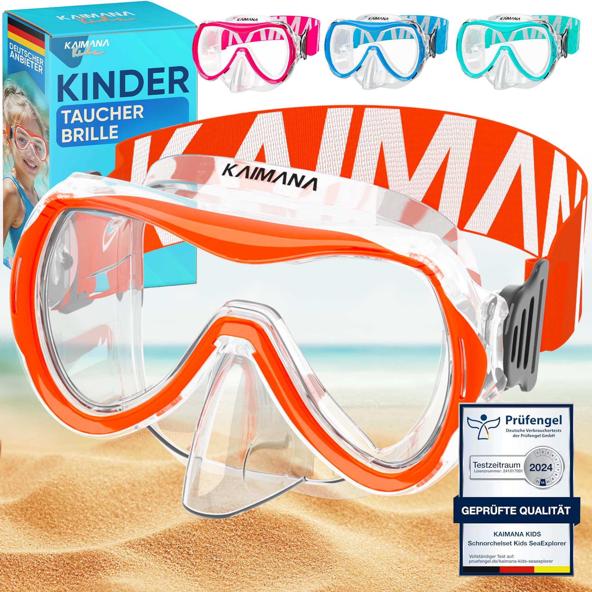 KAIMANA Taucherbrille Kinder inkl. Tragetasche, besonders Bequeme Tauchmaske Kinder mit Stoffband, Orange