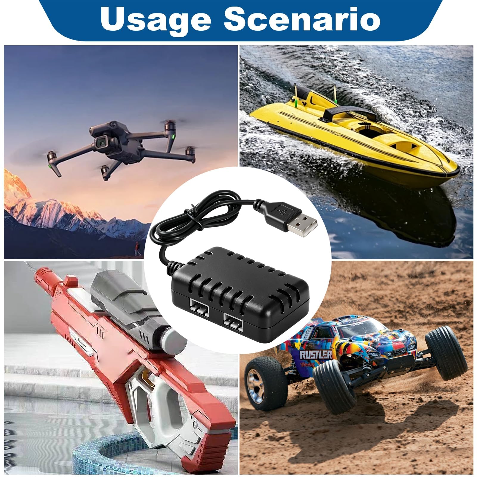 Cable Cargador 2S 7.4V 1A USB 1 a 2 para SCX24 RC, Cargador LiPo con Conector XH-3PIN, Cable Balanceador Carga Rápida y Segura para Barco Axial SCX10 Coche RC Drone Quadcopter — view 7