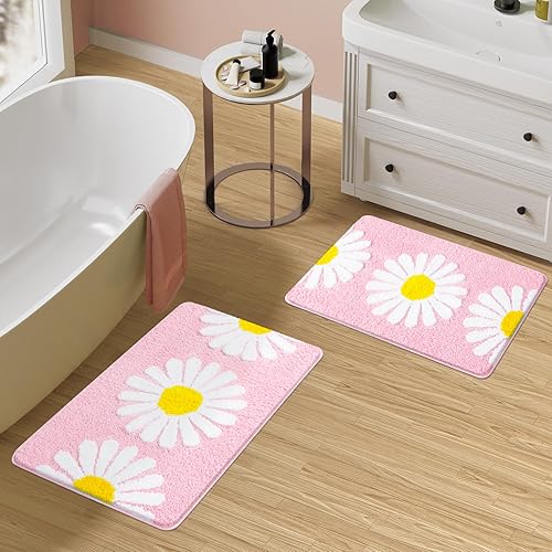 Vista 20 de Tapetes de baño grises, bonitos tapetes de baño con margaritas, microfibra extra suave y absorbente, antideslizante, para baño, ducha, dormitorio