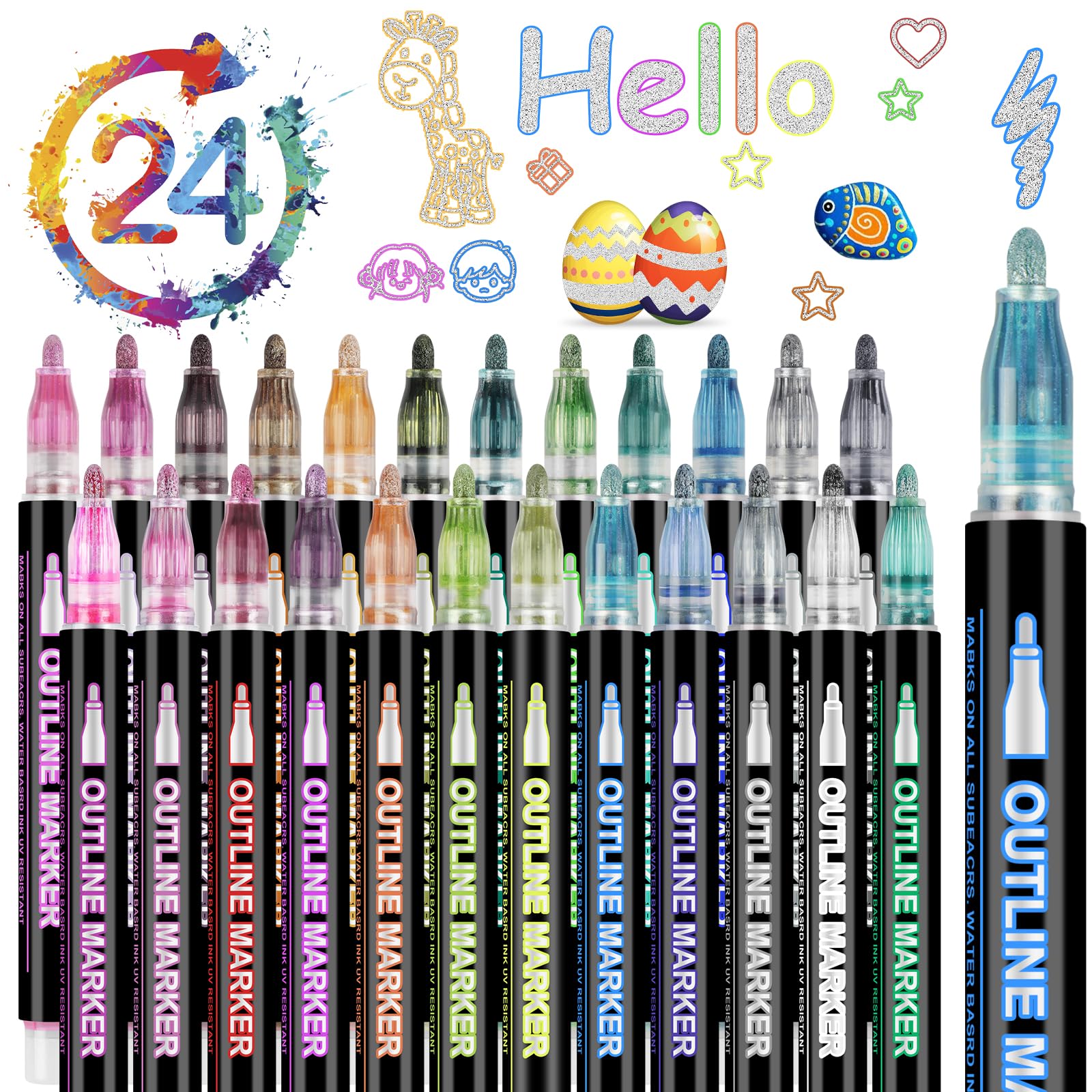 HAGOT 24 Glitter Pens Outline Marker Pens, Waterproof Markers for Making Cards and Decorate Envelopes, Colouring Pens Art Supplies for Artists and DIY Crafts