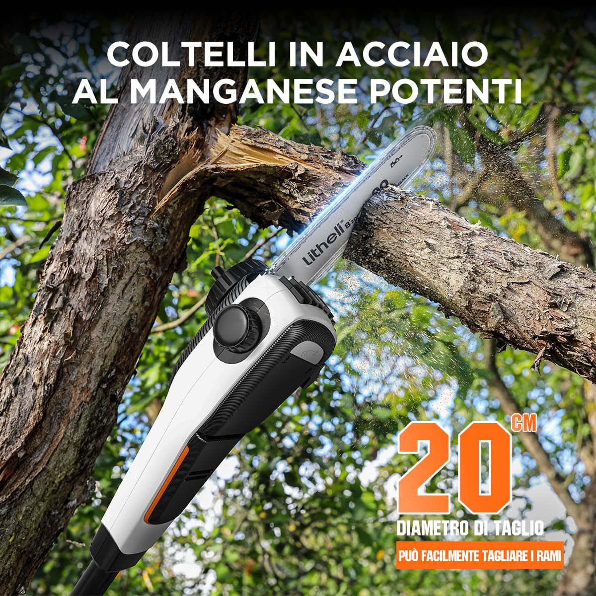 Litheli Pulsante Alto a Batteria U20 - Sega Elettrica da 8 Pollici, Trimmer Con Velocità di Taglio 8 m e Batteria 10000 mAh per Tagliare Rami, Potare