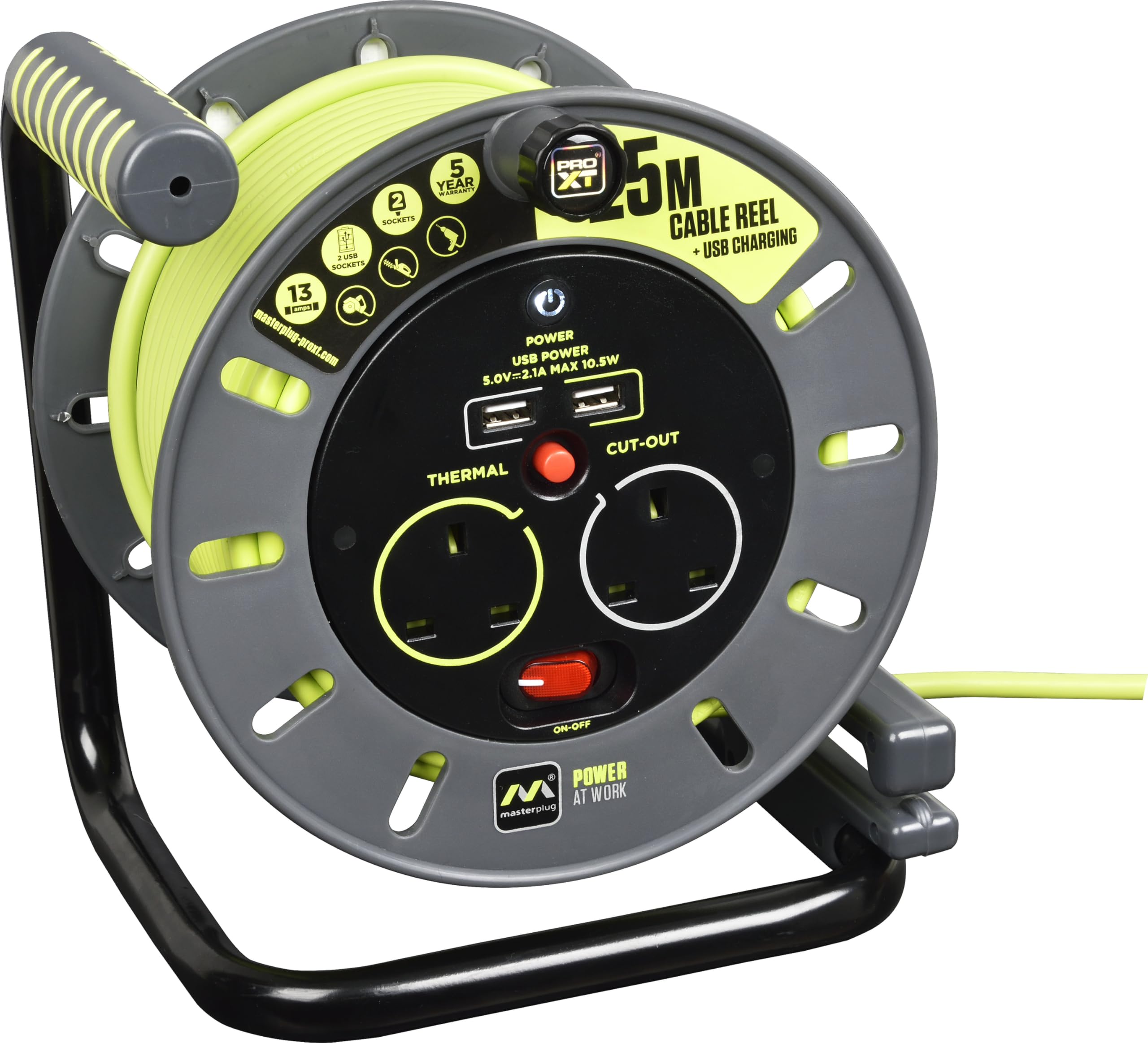 Masterplug 13A 2 Socket Medium Open Cable Reel with USB - 25m