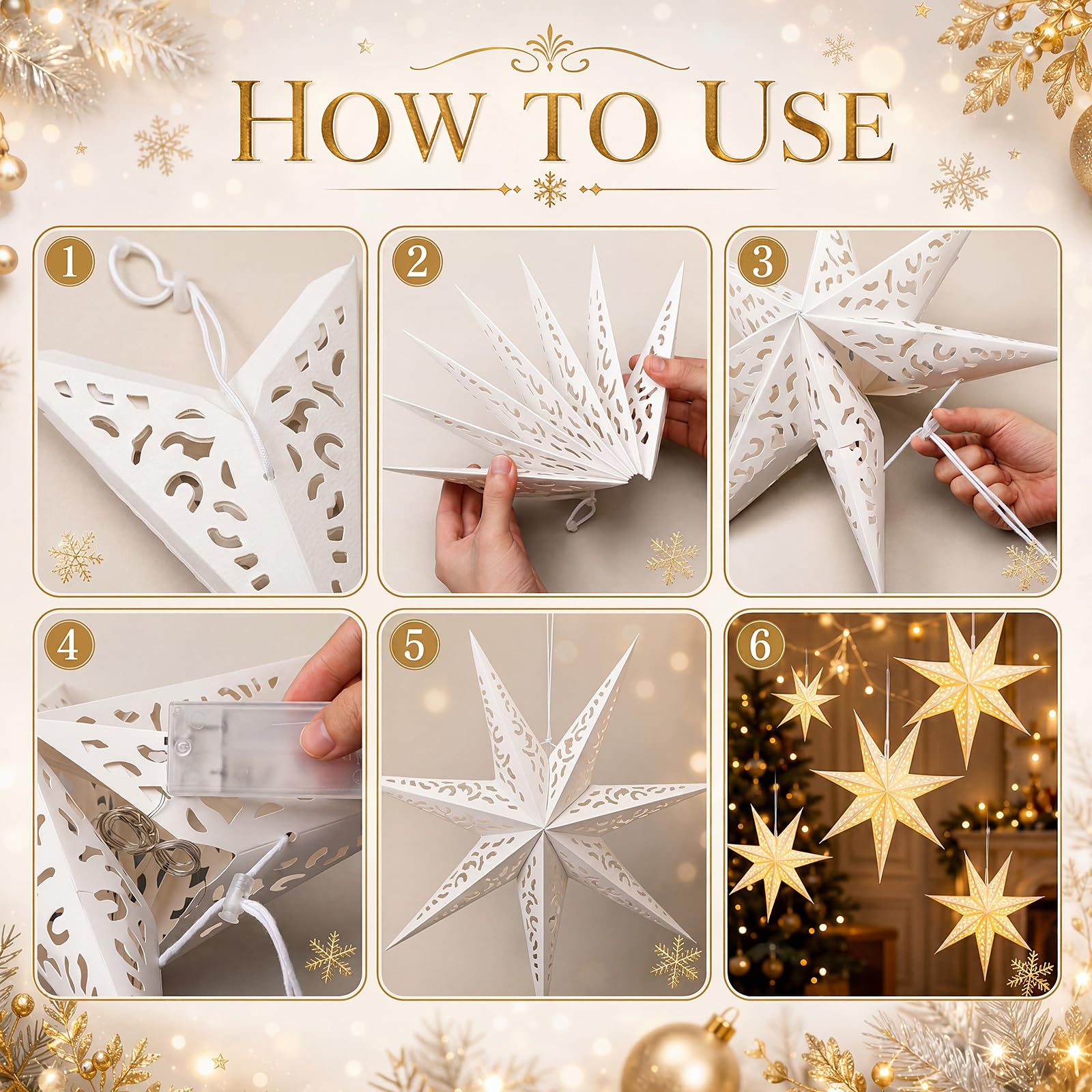 Dunzoom Confezione da 9 lanterne di carta bianche a forma di stella da appendere, decorazioni a forma di stella, con filo di luci, decorazione per albero di Natale, decorazione per matrimoni, feste di