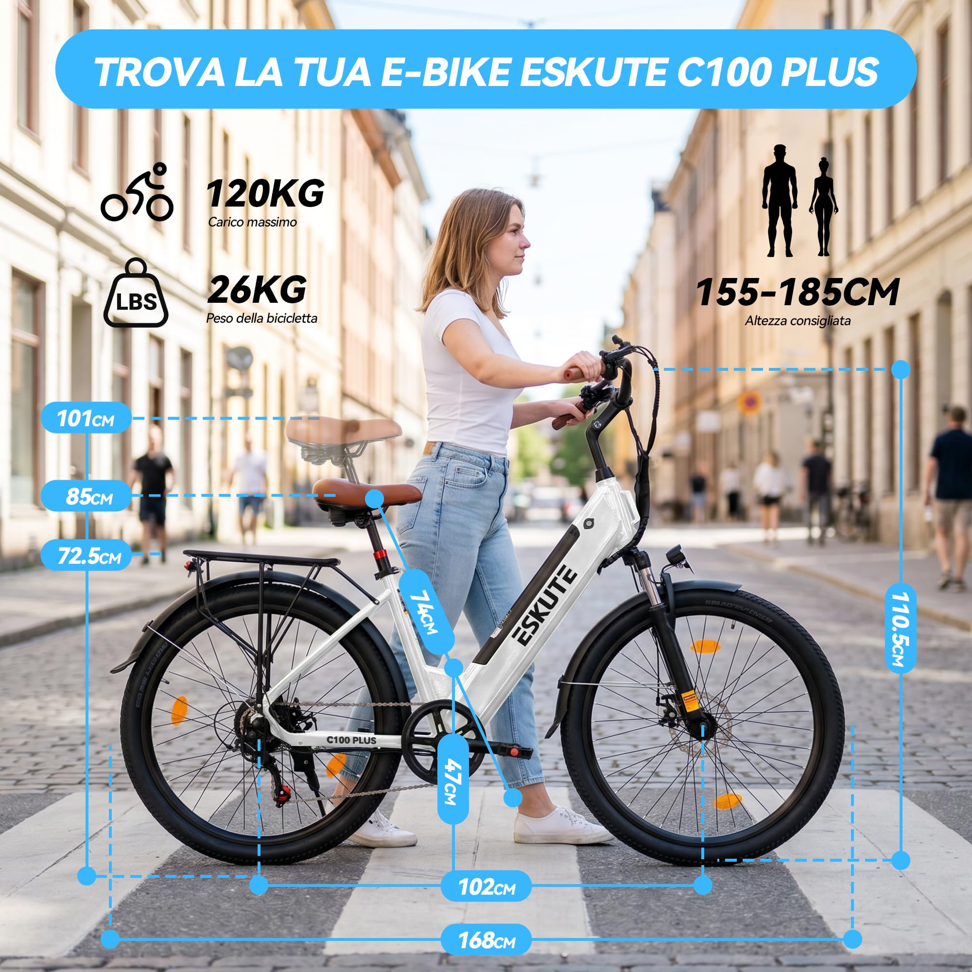 ESKUTE C100 Plus Bici Elettrica, 26 Pollici Bicicletta Elettrica, Motore 250W, Batteria Rimovibile 36V 13Ah, Velocità Massima di 25 km/h, 7 Velocità, Display LCD, E-bike per Adulti