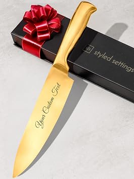 STYLED SETTINGS Custom Engraved Knife Titanium-Coated Gold Chef Knife for Home Cooks & Chefs Personalized Kitchen Gifts in Premium Box - Gold Kitchen Accessories