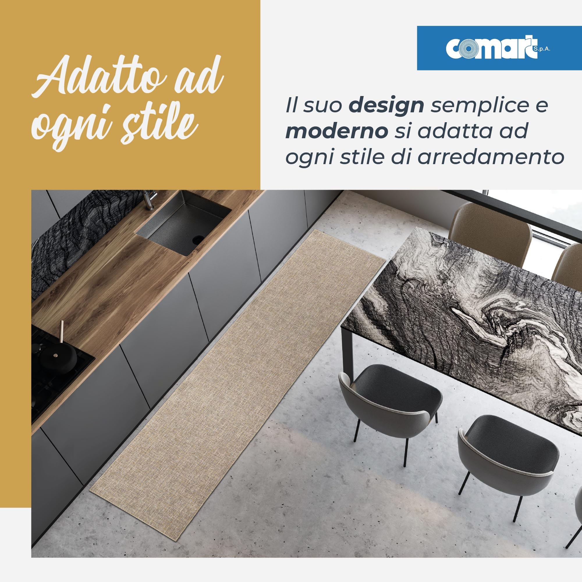 Comart - Tappeto Cucina Trama - 50x240 cm - Antiscivolo - Assorbente - Facile da Pulire - Passatoia in Poliestere Intrecciato - Resistente - Moderno - Runner per Corridoio e Entrata - Beige