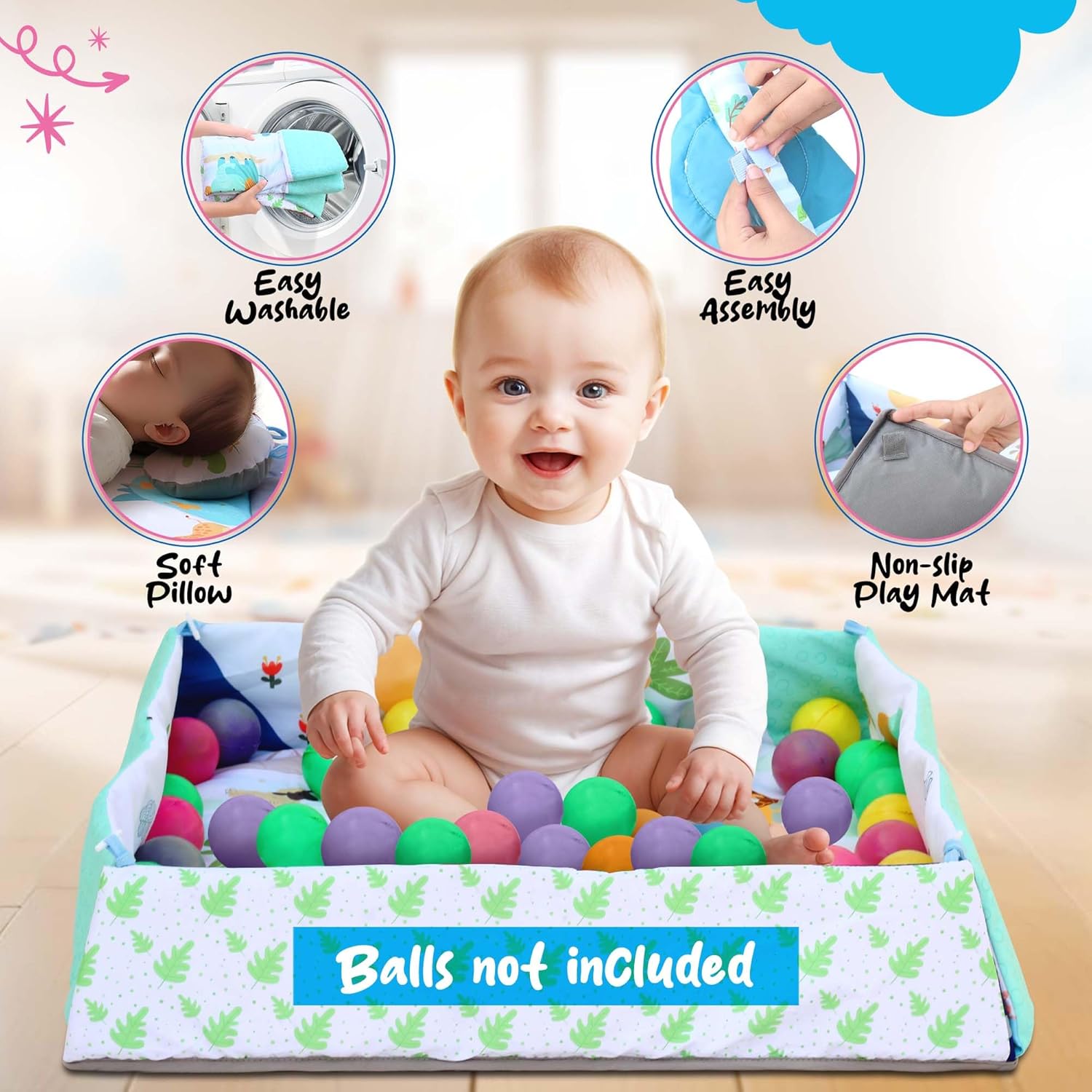 EzyWay Baby Gym Play Mat, 8-in-1 Tummy Time Mat & Ball Pit with 6 Toys, Washable Baby Activity Play Mat for Visual, Hearing, Sensory, Motor Development, Toddler Infant 0-3-6-9-12 Month Picnic Theme image 3 of 7 B0D92T7XLL