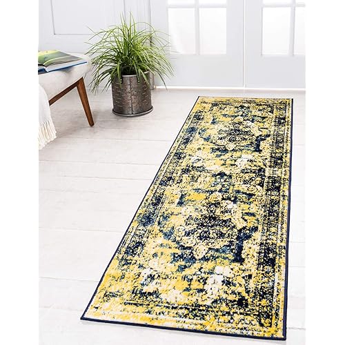 Unique Loom Sofia Collection Area Rug - Salle Garnier (2' x 6' 7" Runner, Navy Blue/ Yellow)