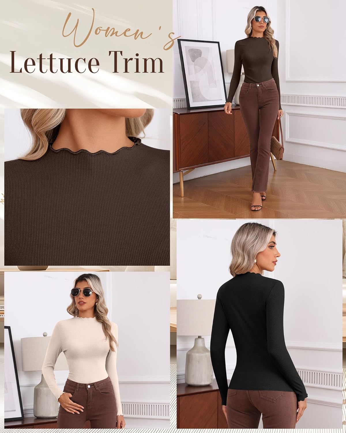 Huukeay 3 Pack Women's Ribbed Mock Turtleneck Shirts Cotton Long Sleeve Tops Lettuce Trim Slim Fit Soft Tees for Layering - Image 6