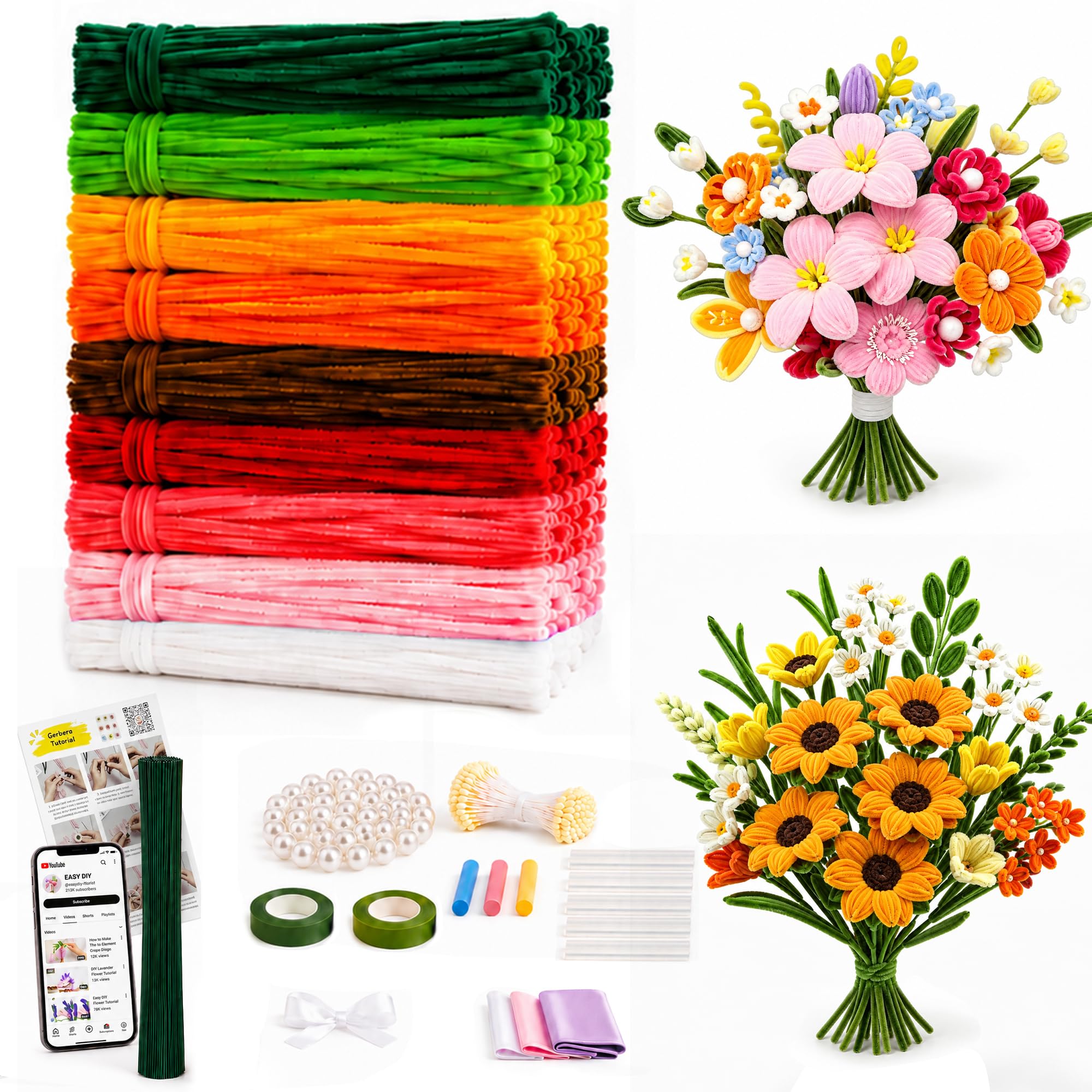 550 PCS Pipe Cleaners for Craft Flowers, 9 Colors Pipe Cleaner Flower Kit Chenille Stems Bulk with Manual & Video Tutorial, DIY Pipe Cleaner for Home Arts and Crafts Decorations Supplies
