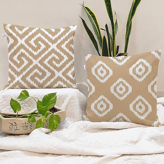 STITCHNEST Beige Geometrical Ikat Ethnic Printed Canvas Cotton Cushion Covers, Beige Set of 2 (24 x 24 Inches)