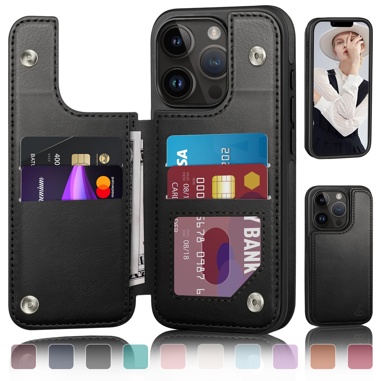 DJDUCK Designed for iPhone 13 Pro Max Case Wallet with Card Holder, [Magnetic Clasp Cover] [RFID Blocking Leather Protection] Shockproof Women Men Cases 6.7 Inch for Apple 13 Pro Max Black