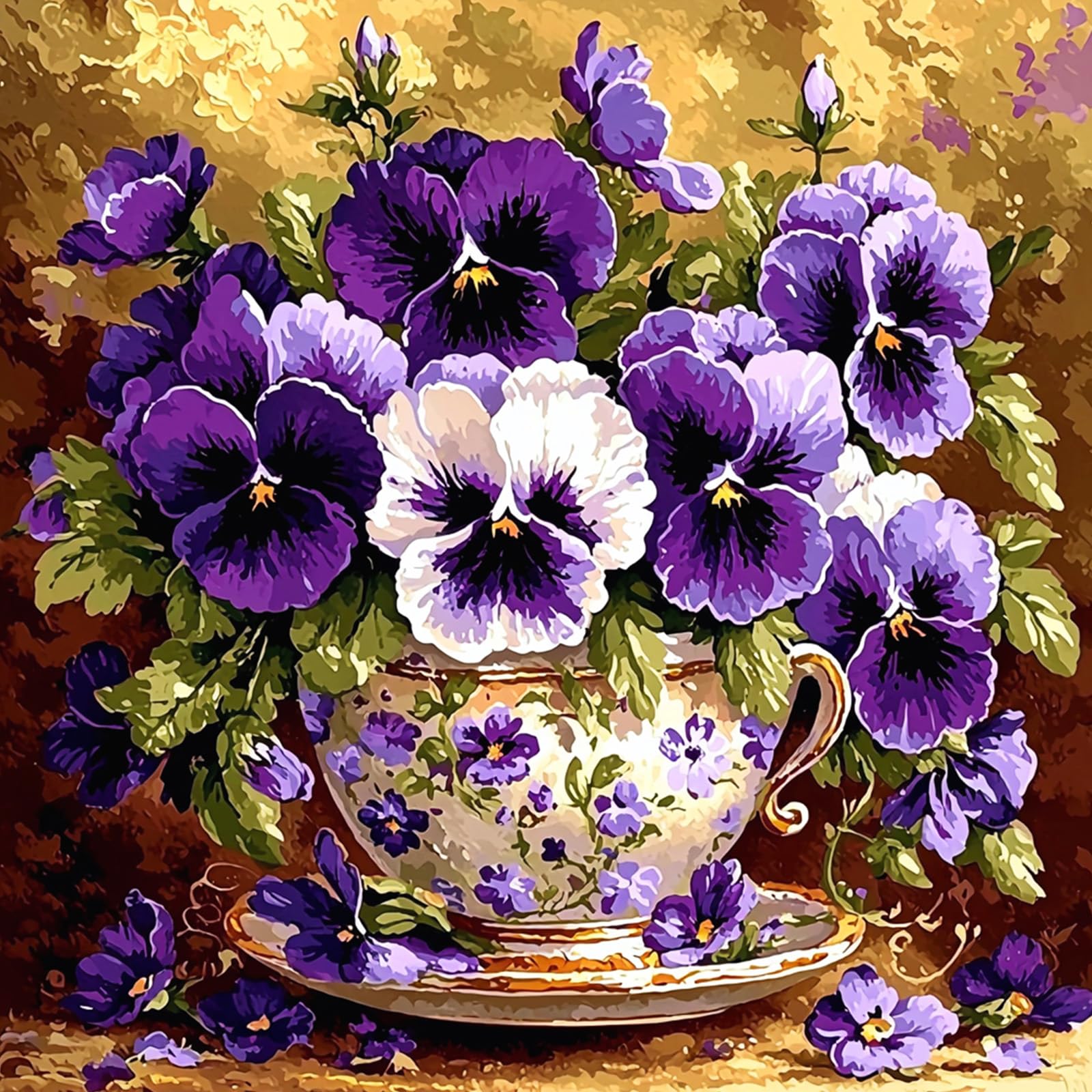 Lxmsja Diamond Art Flower Kits Adults, 5D Diamond Painting Vintage Teacup Pansy Flower, DIY Full Drill Diamond Painting Embroidery Crystal Gem Art Kits for Home Wall Decor Gifts, 30x30cm