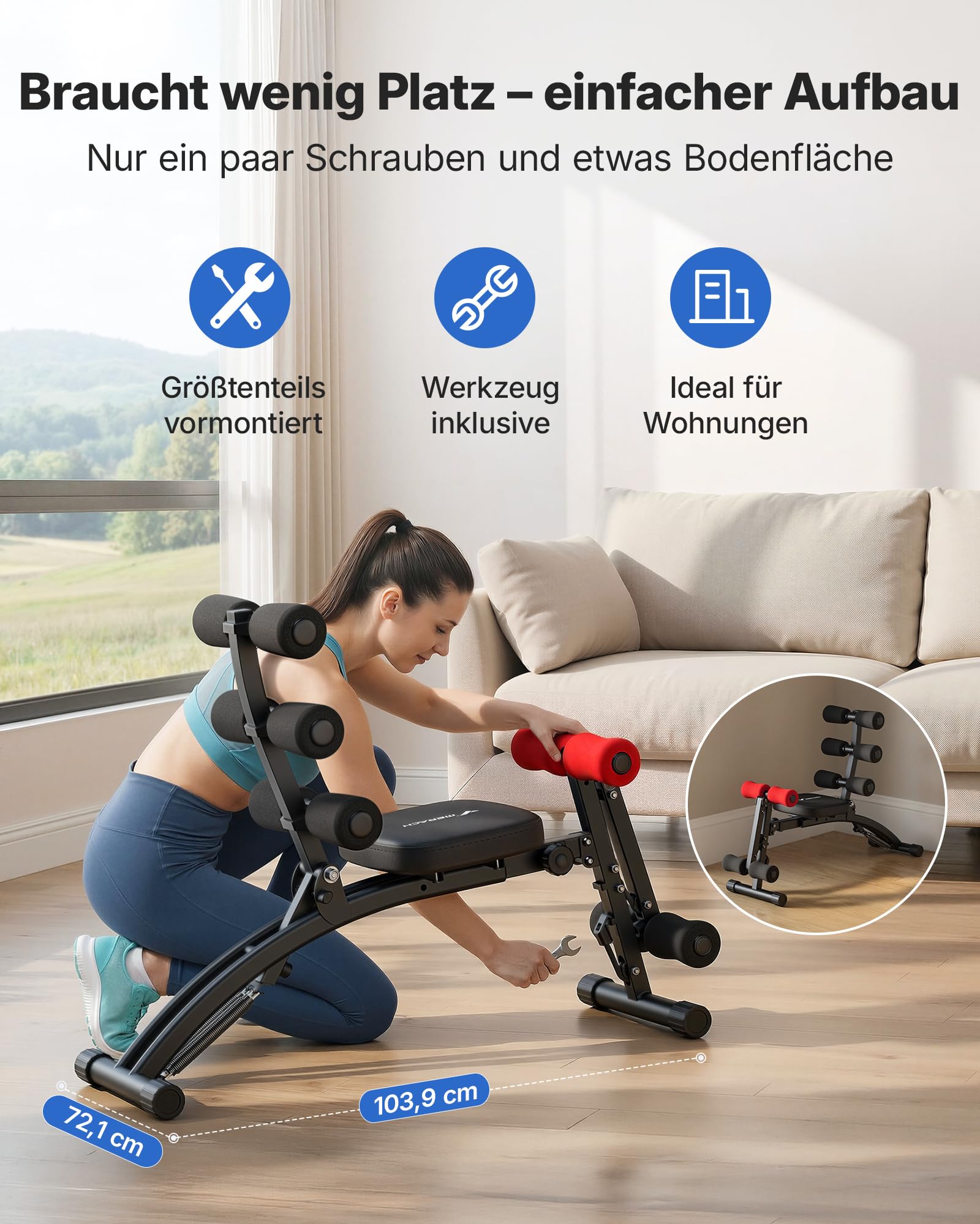 MERACH Bauchtrainingsgerät, Verstellbare Sit-Up-Bank, Bauchmuskel-Trainingsgerät für Heimfitnessstudio für Taille Bauch Hüften Beine, Max 136KG, für Sit-Ups/Luftfahrrad/Beinheben etc.