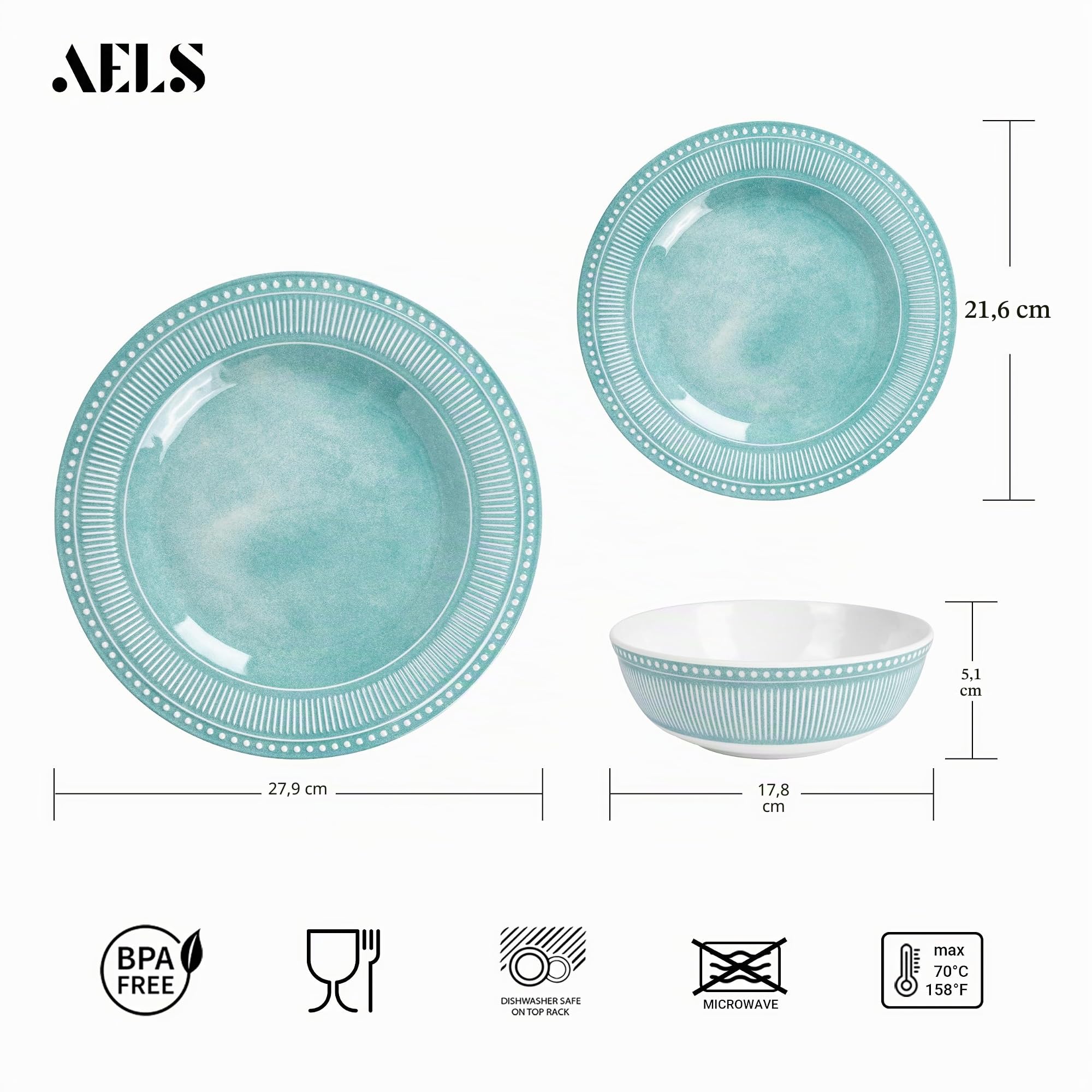 Juego de vajilla de melamina AELS de 12 piezas, juego de platos para uso en interiores y exteriores, juego de platos y tazones de melamina para 4, apto para lavavajillas, ligero, irrompible, libre de