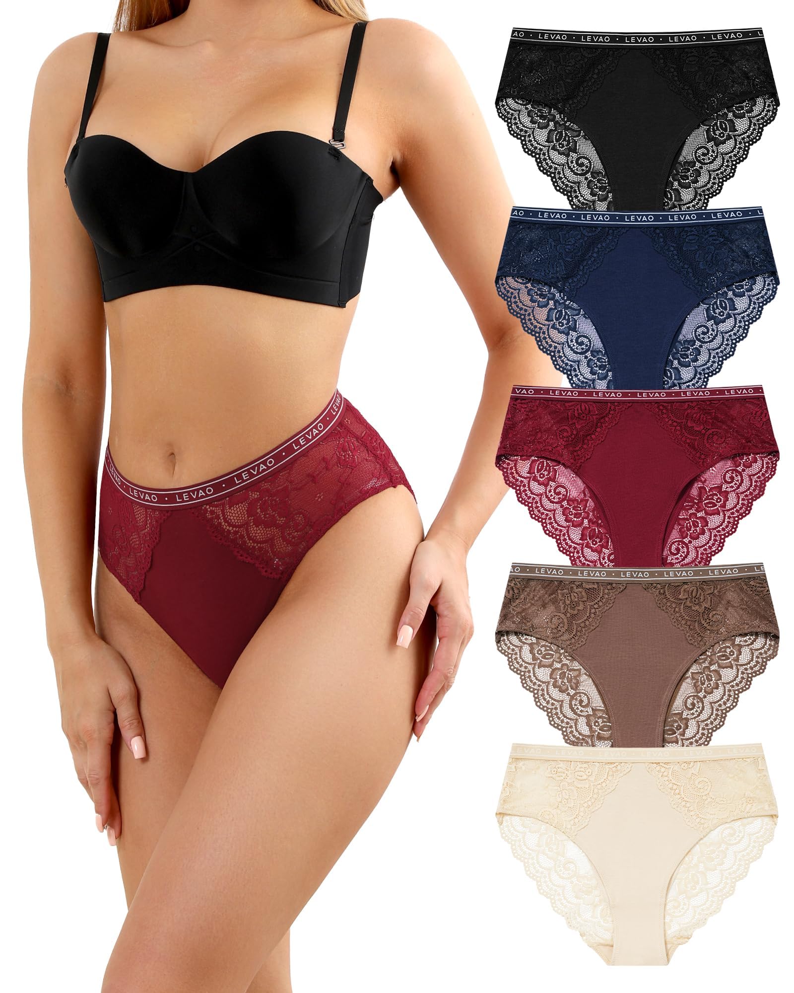 LEVAO Women's High Waist Cotton Underwear Lace Trim Bikini Panties - Soft Comfort Everyday Briefs with Logo Waistband S-2XL