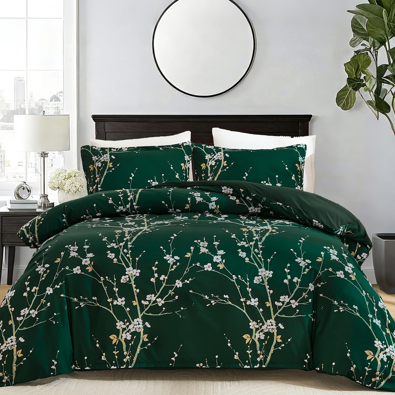 Emerald Green Classic Floral Bedding Set for Teens Adults Soft Breathable Microfiber Duvet Cover Set with 2 Pillowcases Double 200x200 cm — image 1