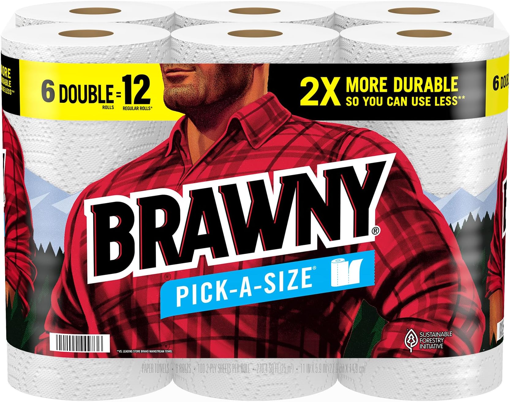 BrawnyPick-A-Size Paper Towels, 6 Double Rolls = 12 Regular Rolls, 2 Sheet Sizes (Half or Full), Strong Paper Towel For Everyday Use