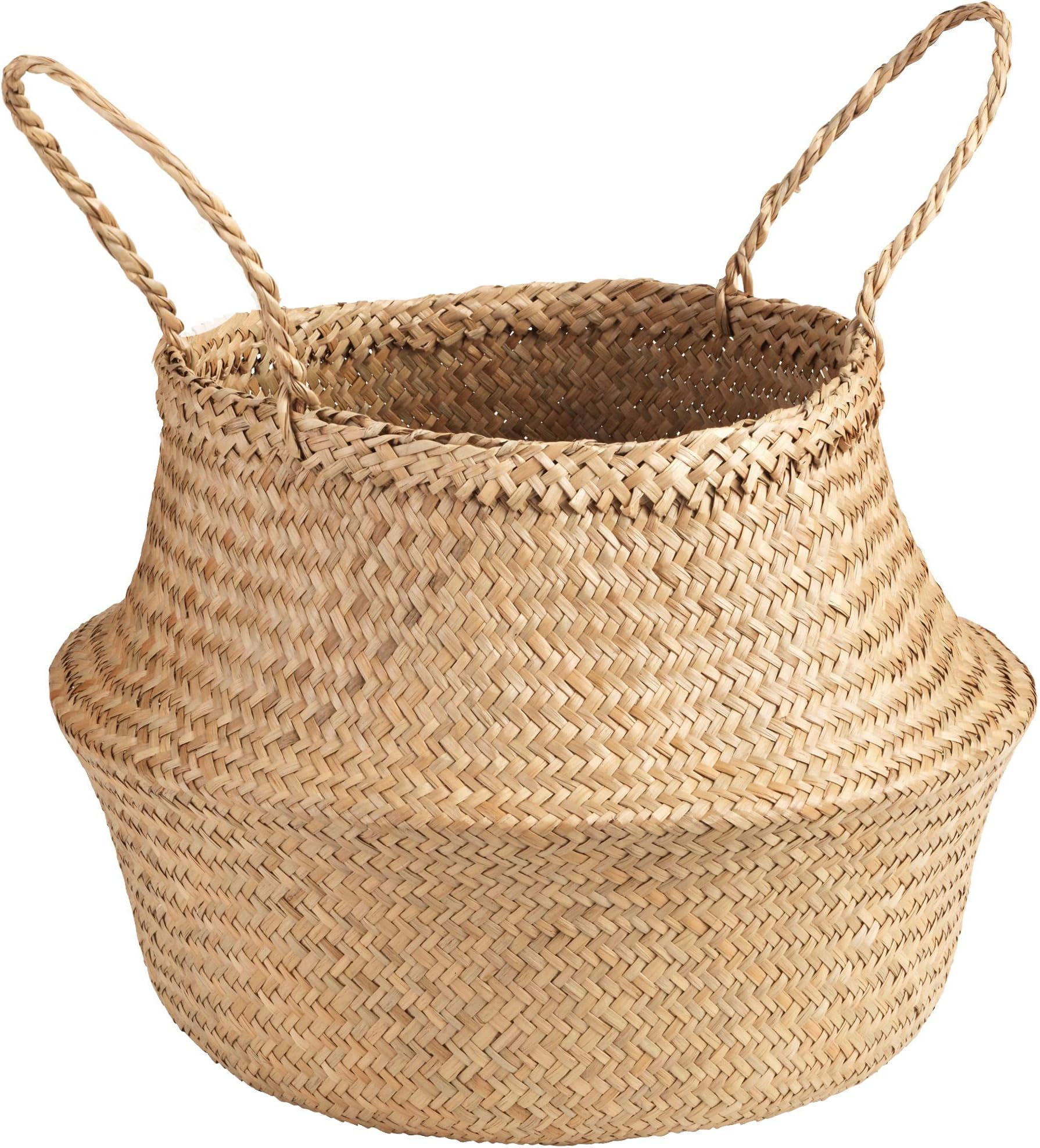 Welcare Natural Woven Seagrass Tote Belly Basket for Storage, Laundry, Picnic, Plant Pot Cover, and Beach Bag (Small)