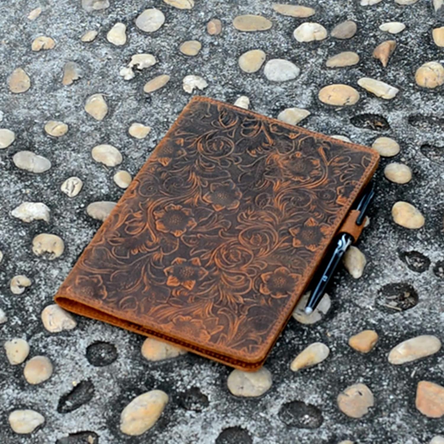 JJNUSA Compatible with Rocketbook Cover Smart Business Spiral Notebook Distressed Genuine Leather Notebook Cover for Everlast, Fusion, Wave Moleskin with Pen Loop A4 Letter 11" x 8.5" Flower