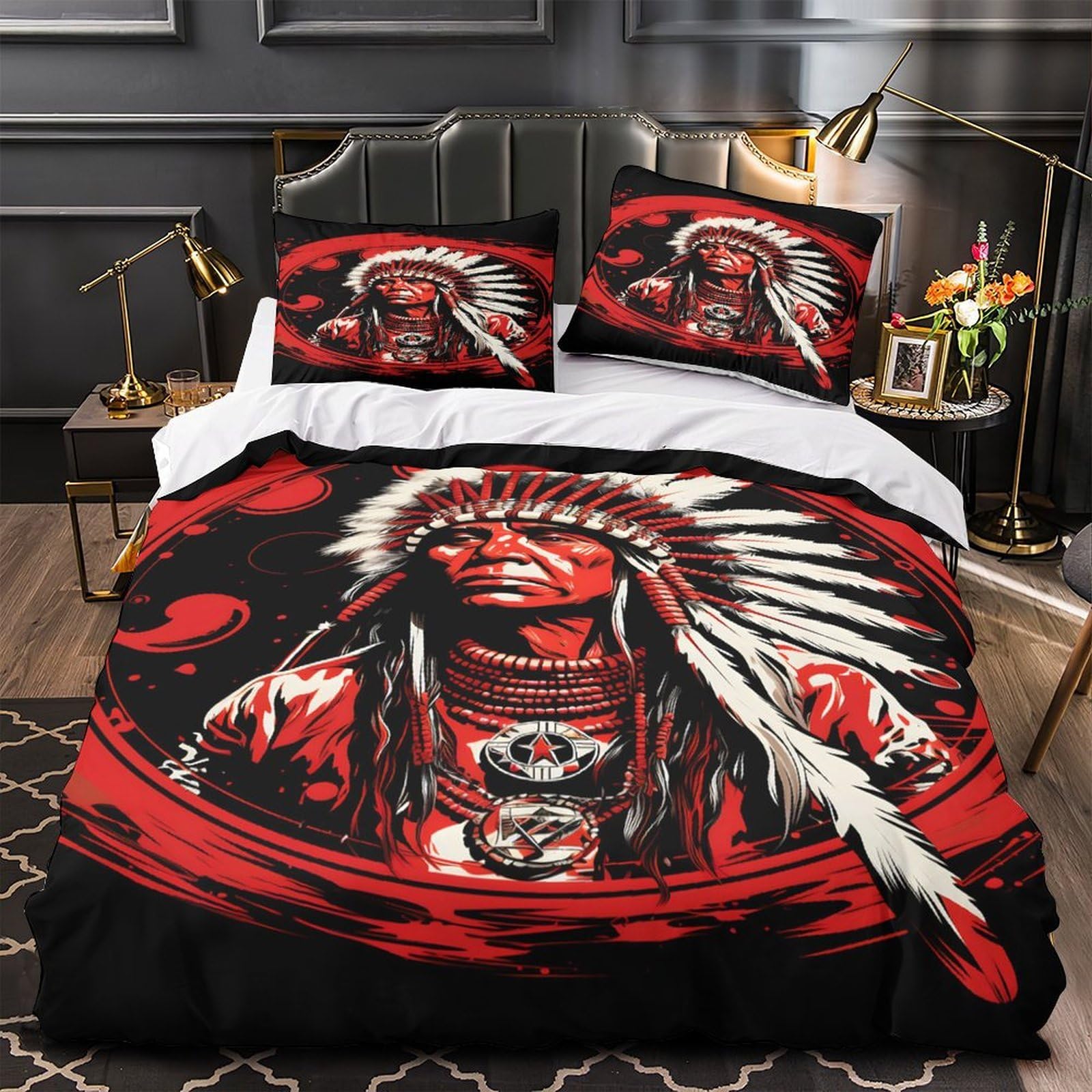 Housse de couette tribal microfibre 135x200 Chef indigène pour lit simple enfant et adulte