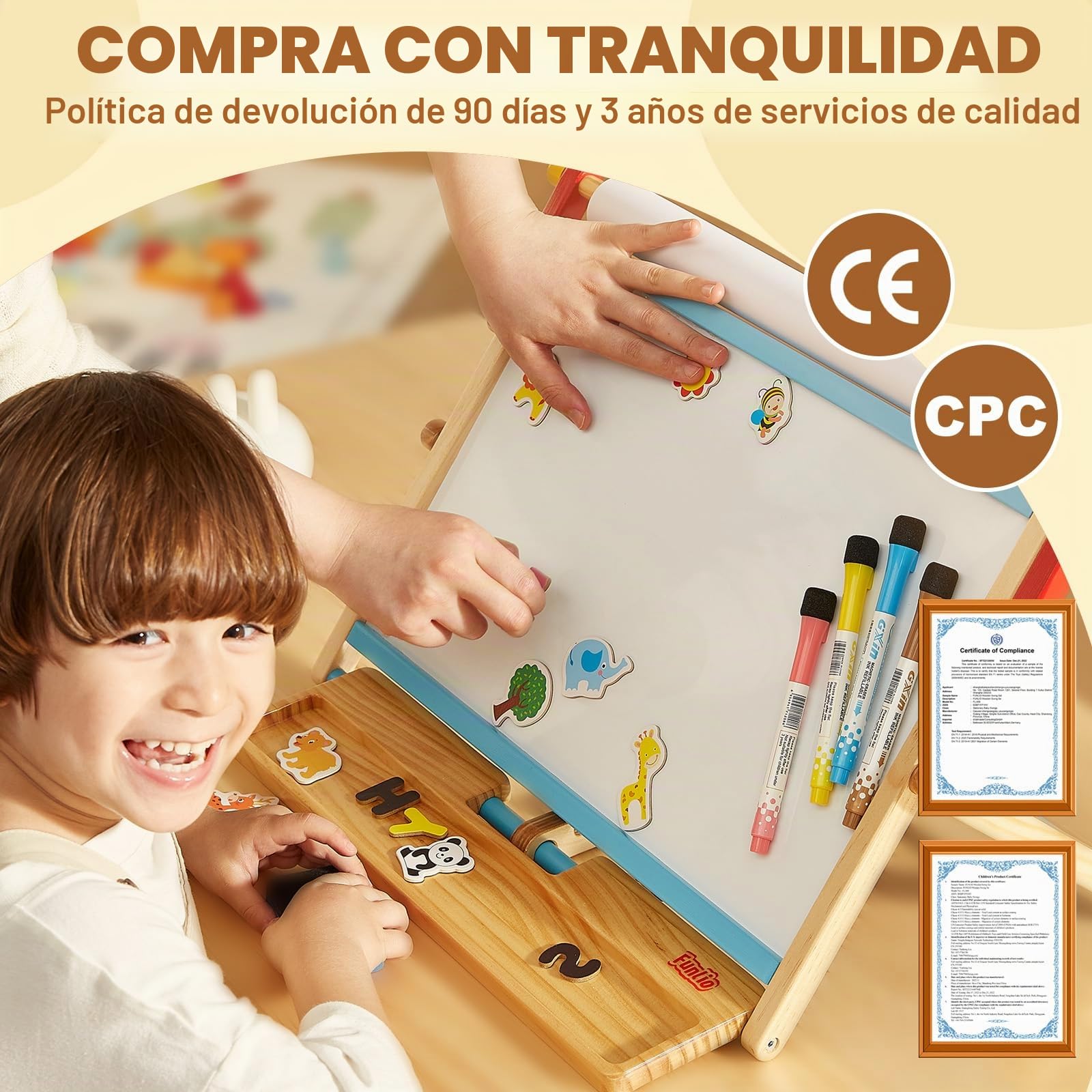FUNLIO Caballete de Mesa 3-en-1 para Niños 3+ (100+ accesorios), Pizarra Magnética Doble Cara, Pizarra Infantil de Madera con Rollo de Papel, 3 Ángulos Ajustables, Plegable - Azul